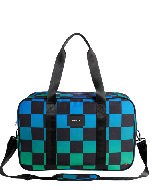 Checkered duffel bag with black straps on a white background