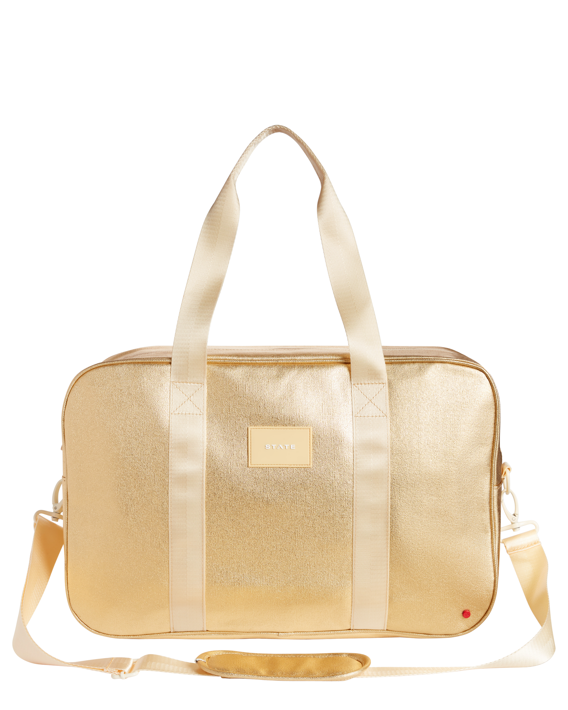 Gold duffel bag with a visible brand label on a white background