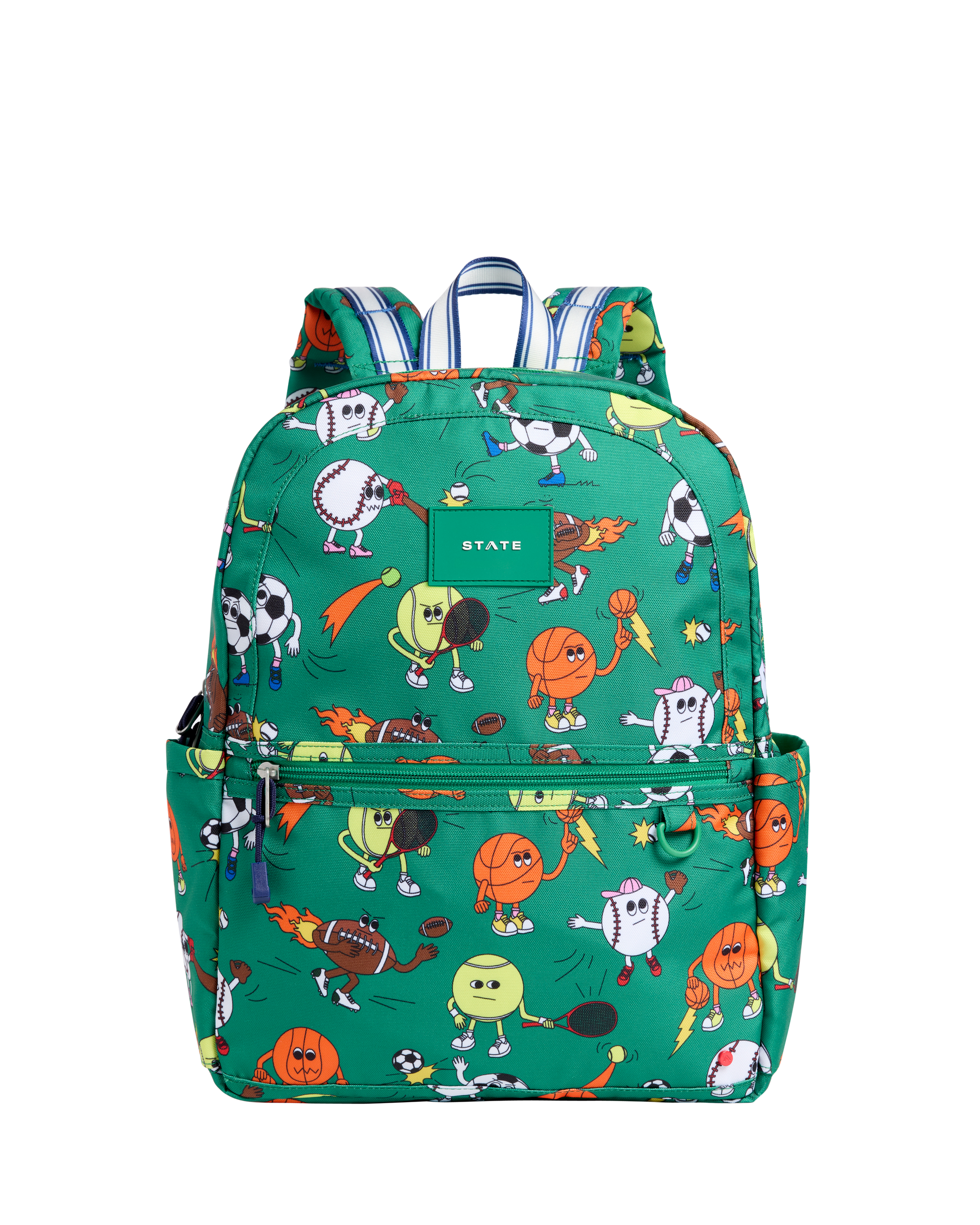 Colorful backpack with cartoon character pattern on a white background