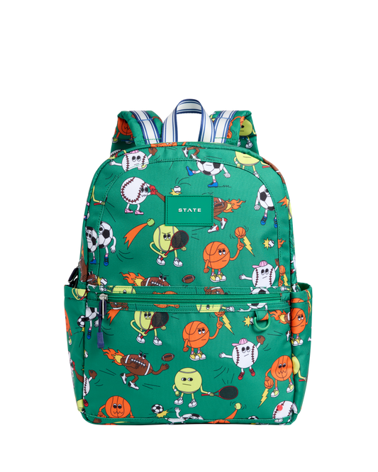 Colorful backpack with cartoon character pattern on a white background