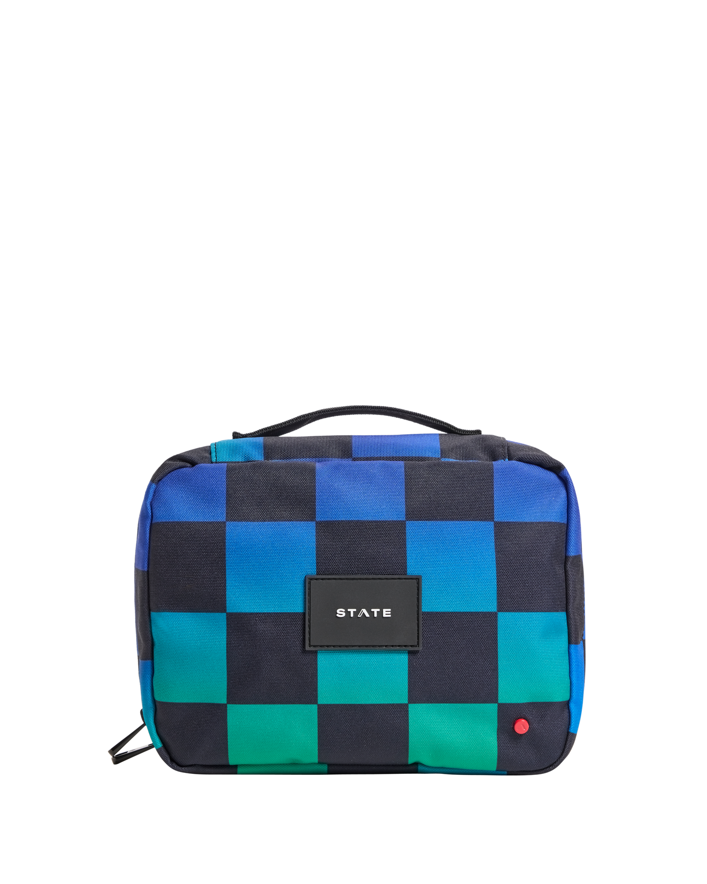 Checkered toiletry bag with 'STATE' label on a white background