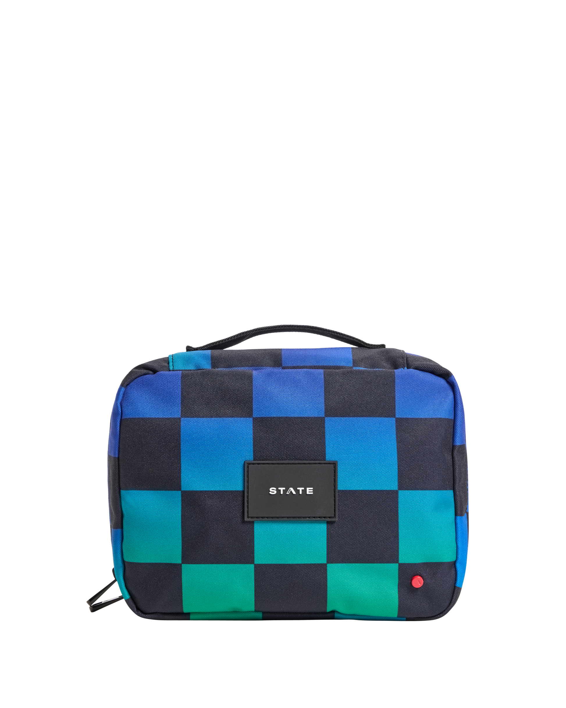 Checkered toiletry bag with 'STATE' label on a white background