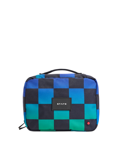 Checkered toiletry bag with 'STATE' label on a white background