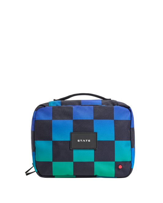 Checkered toiletry bag with 'STATE' label on a white background