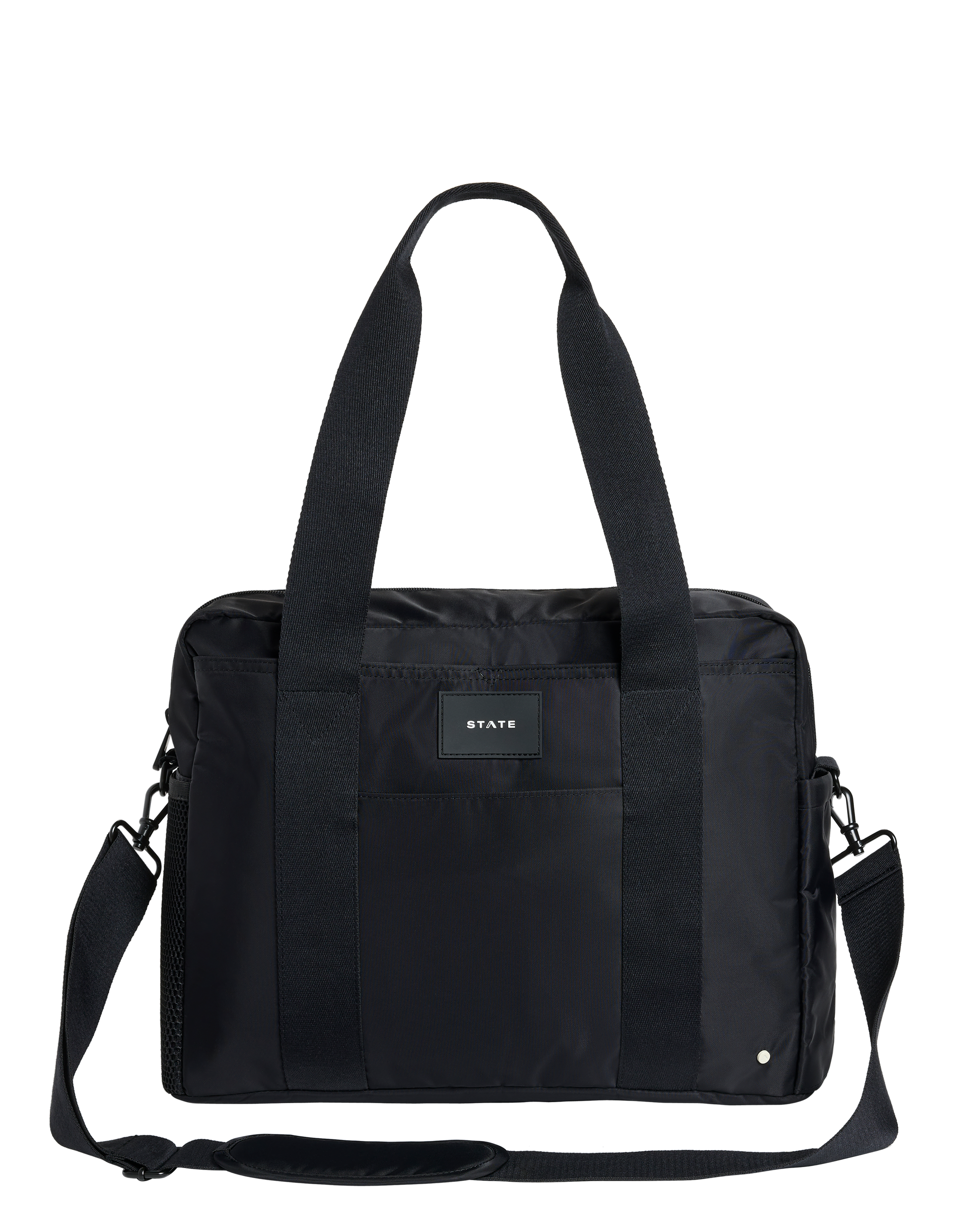 Black diaper bag with a visible brand label on a white background