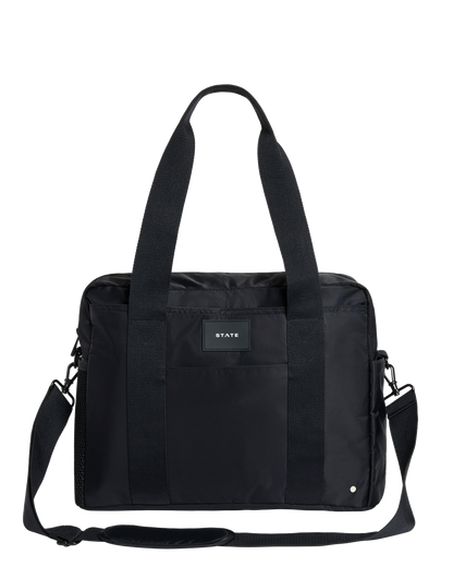 Black diaper bag with a visible brand label on a white background
