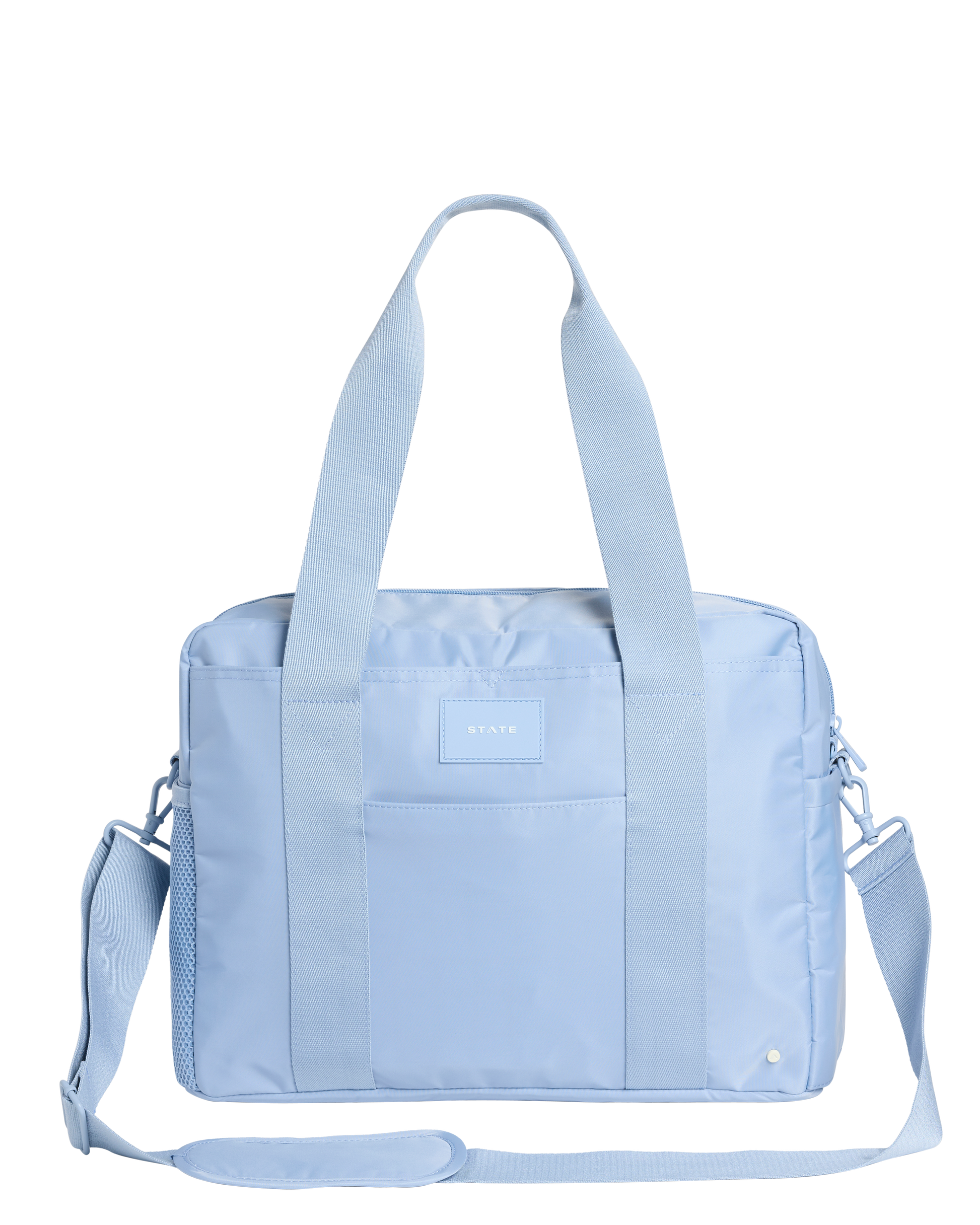 Light blue diaper bag with a visible state bag logo on a white background