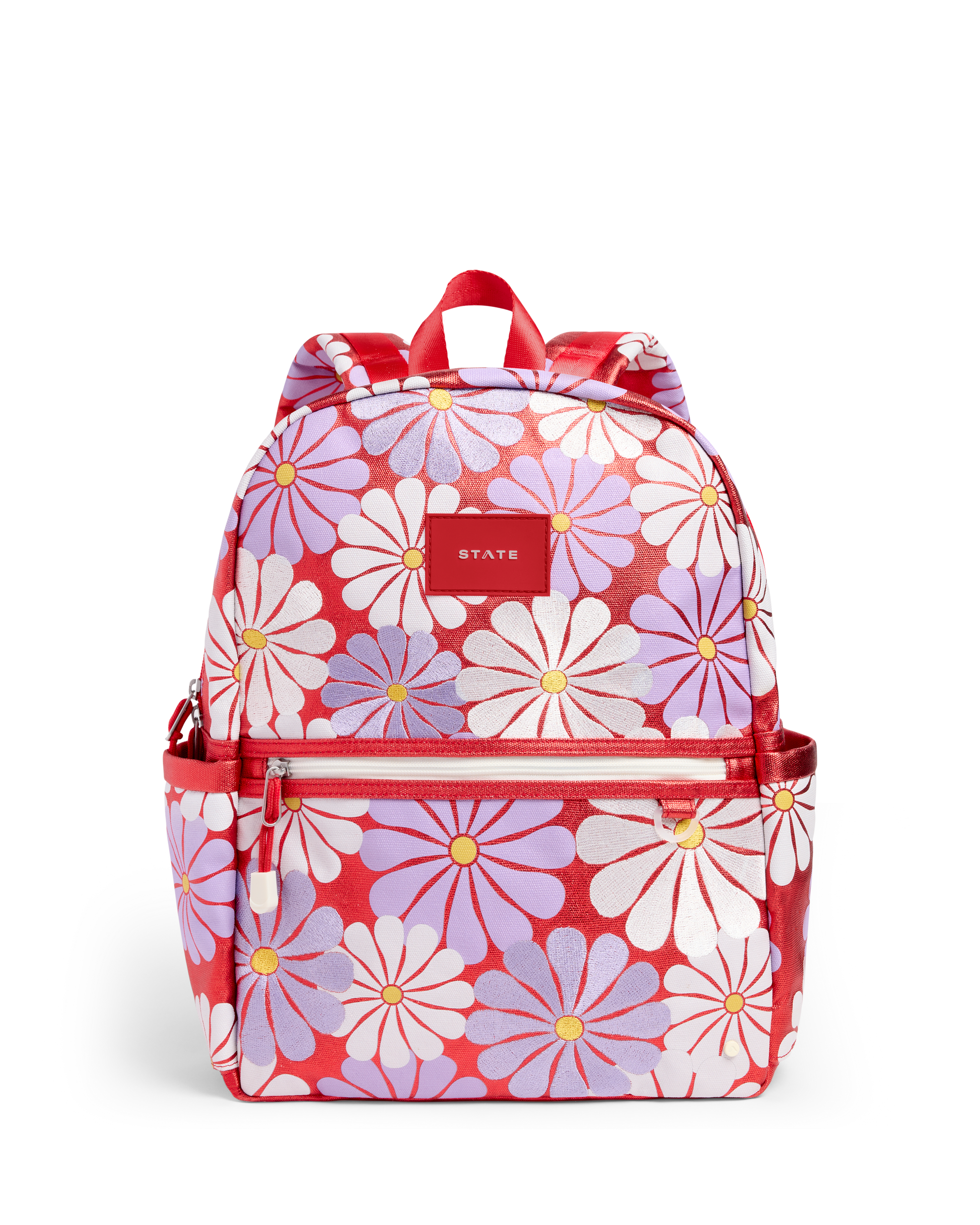Floral patterned backpack with red accents on a white background