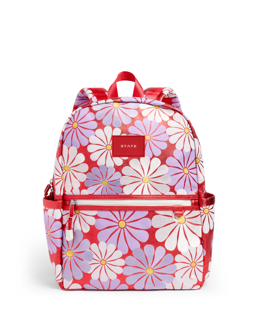 Floral patterned backpack with red accents on a white background