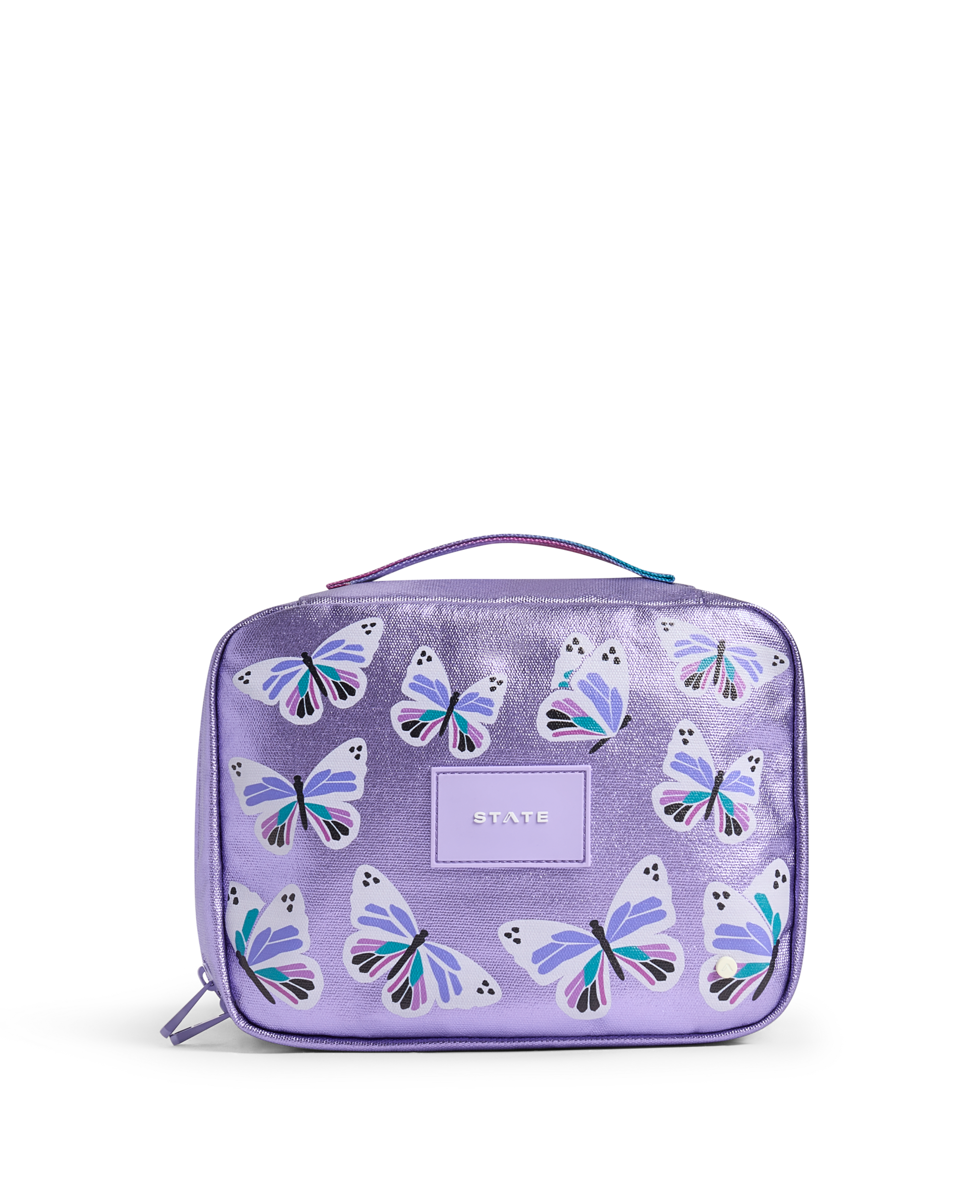 Purple toiletry bag with butterfly patterns on a white background