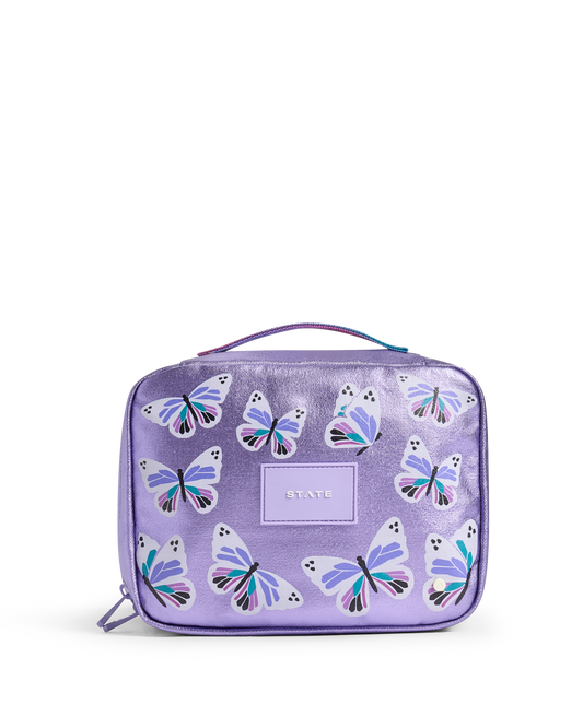 Purple toiletry bag with butterfly patterns on a white background