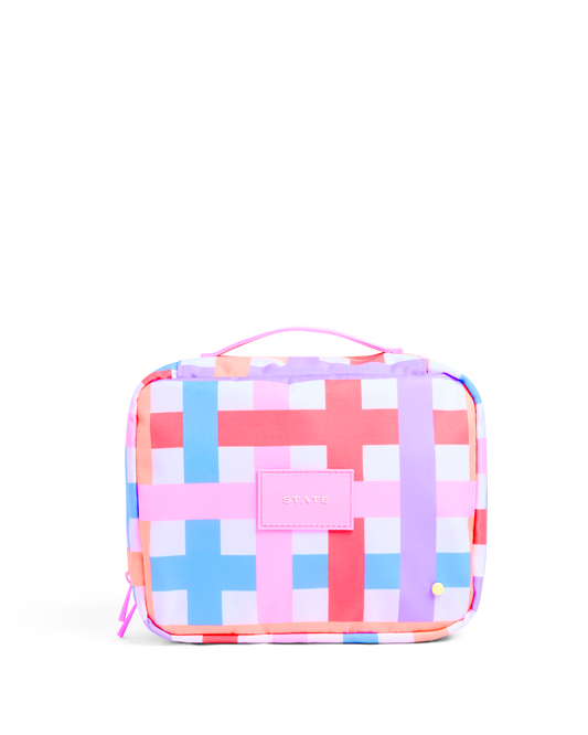 Colorful checkered toieletry bag on a white background