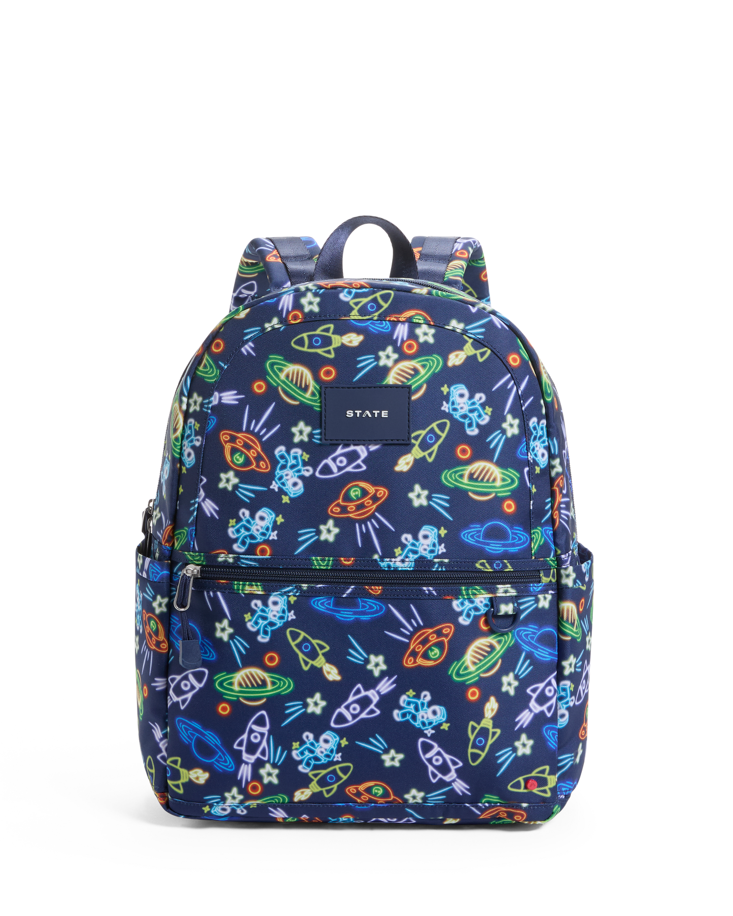 Backpack with colorful space-themed pattern on a white background