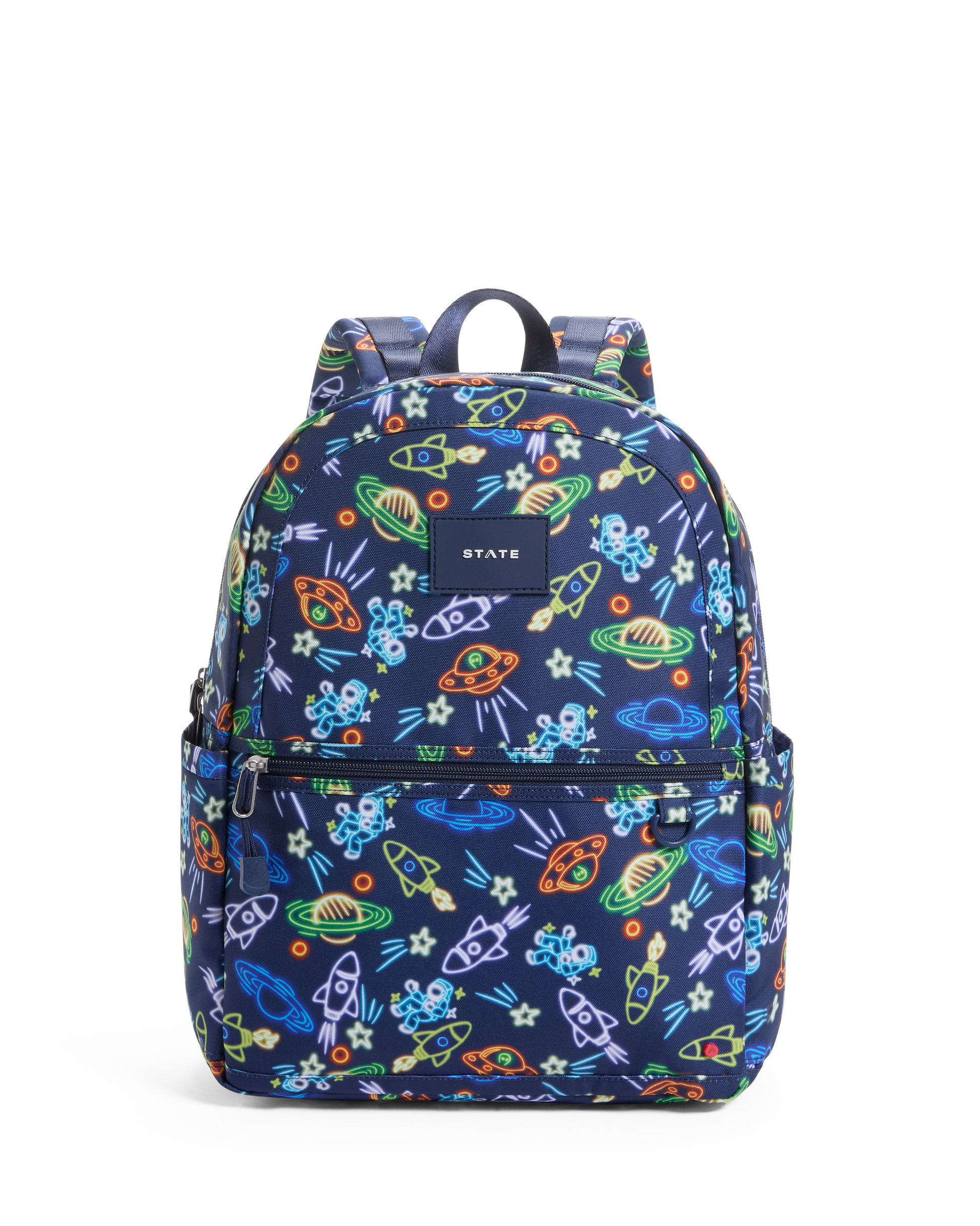 Backpack with colorful space-themed pattern on a white background