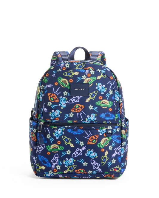 Backpack with colorful space-themed pattern on a white background