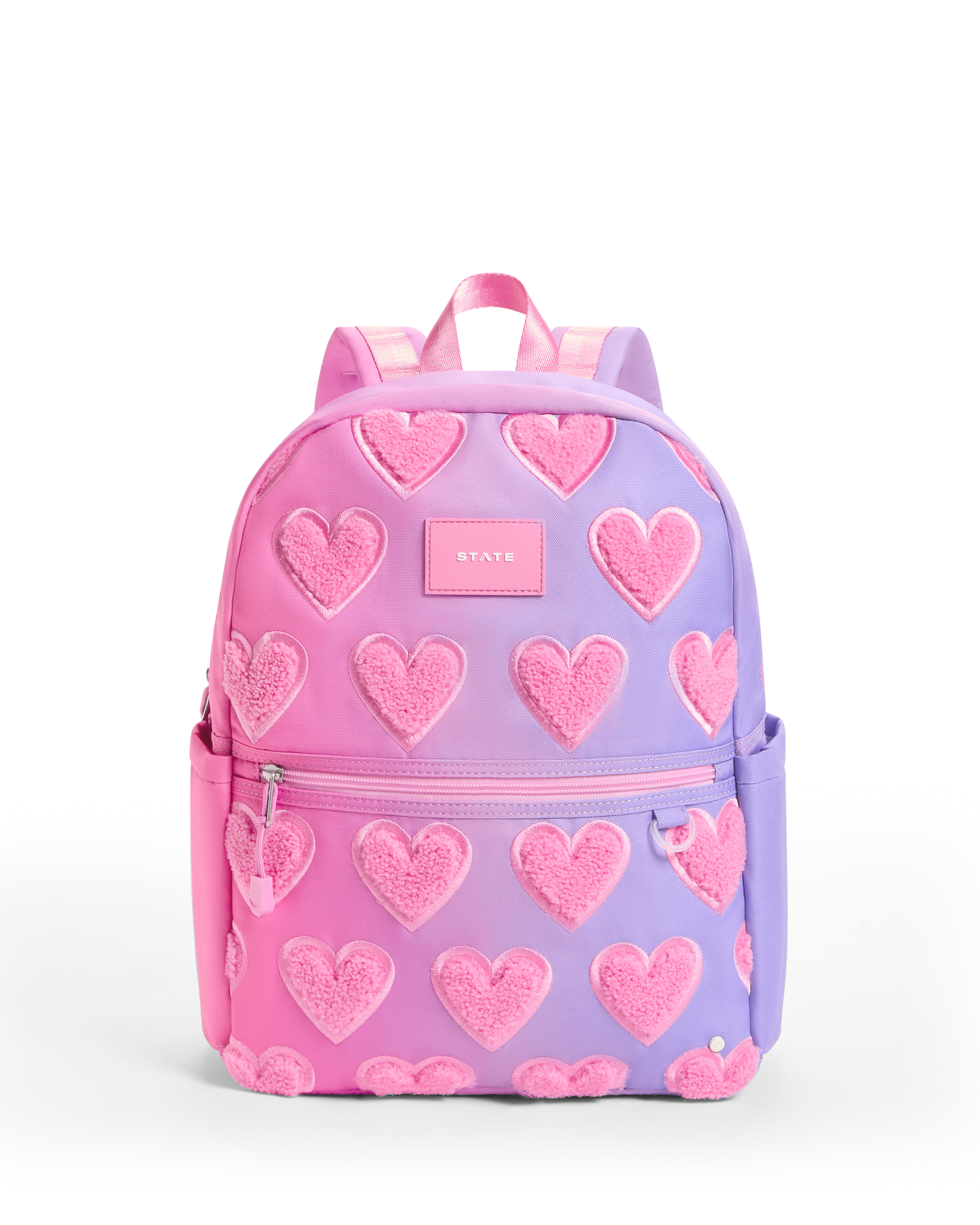Pink and purple backpack with heart patterns on a white background