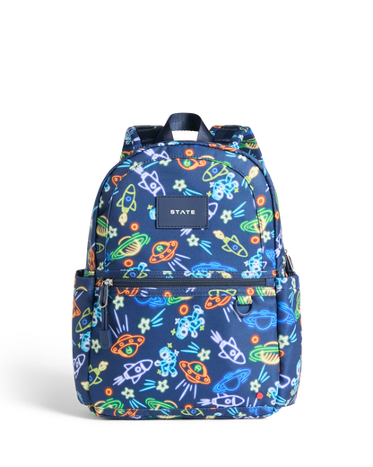 Colorful backpack with space-themed design on a white background