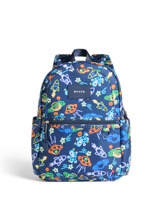 Colorful backpack with space-themed design on a white background