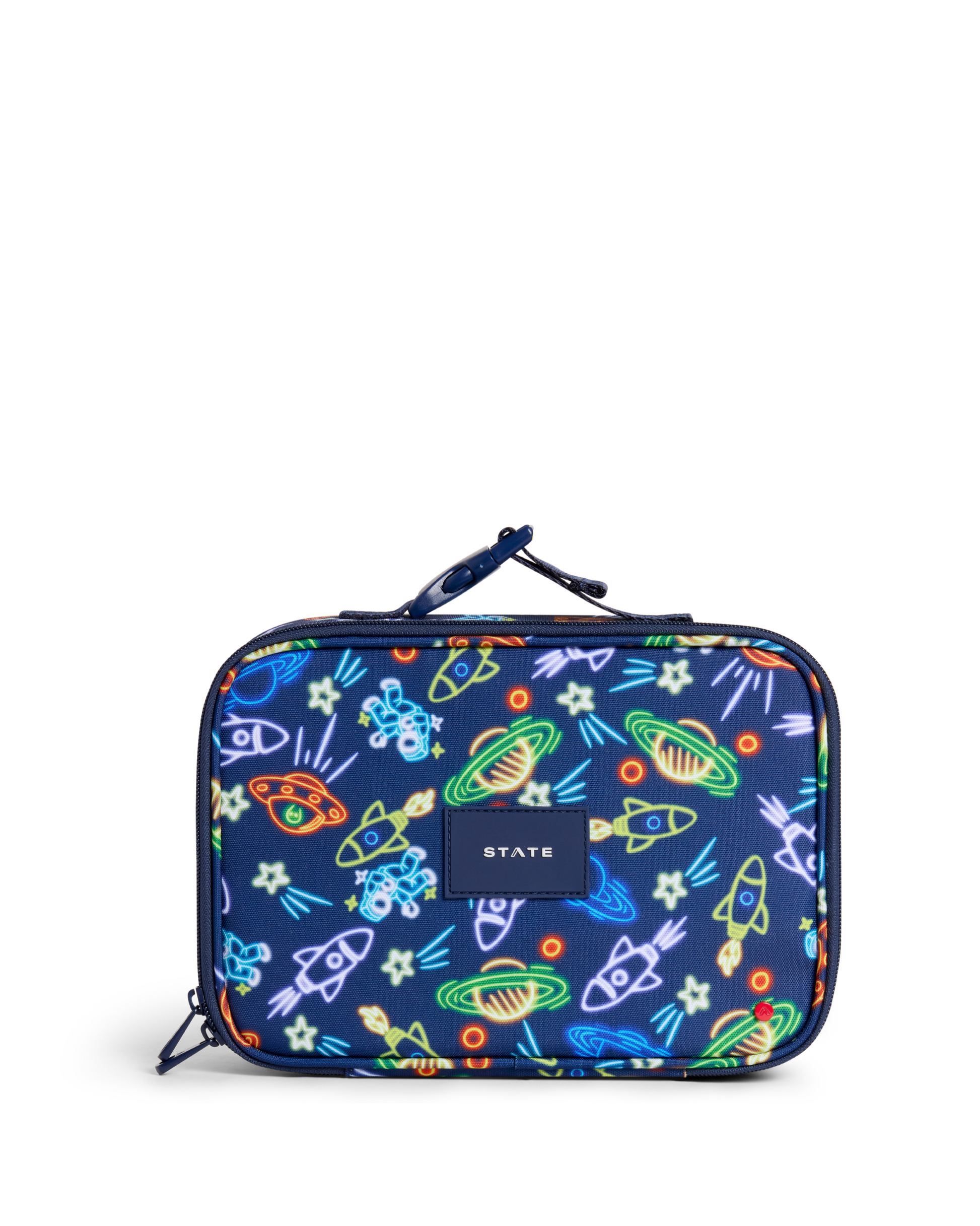 Navy blue pouch with colorful abstract designs on a white background