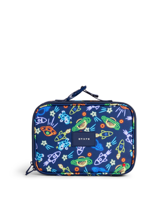 Navy blue pouch with colorful abstract designs on a white background