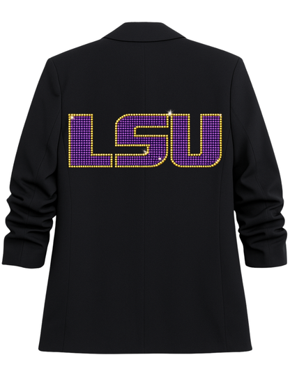 Louisiana State University Crystal Block Letters Black Ruched Sleeve Blazer