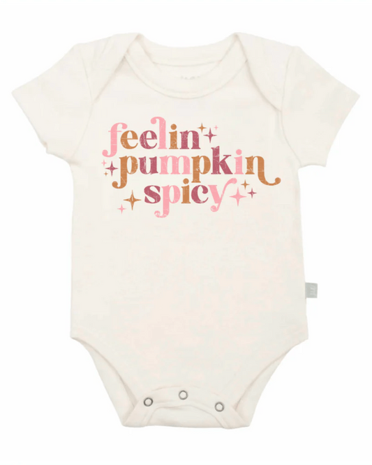 Baby onesie with 'feelin' pumpkin spicy' text on a white background