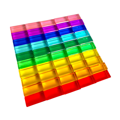 50 Pcs Rainbow Crystal Clear Translucent Rectangular Lucite Building Blocks Set with Storage Tray