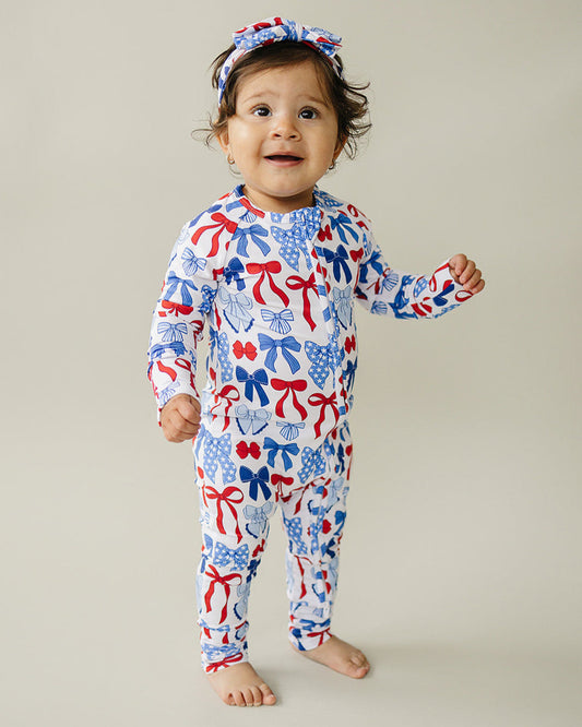Bamboo Zip Romper  | Red-White & Bows