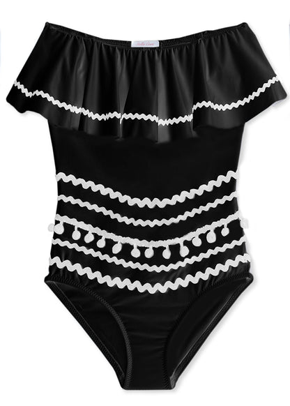 Black  Swimsuit with Ric Rac N Pom Poms