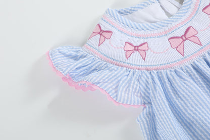 Blue Seersucker Bow Smocked Flutter Romper