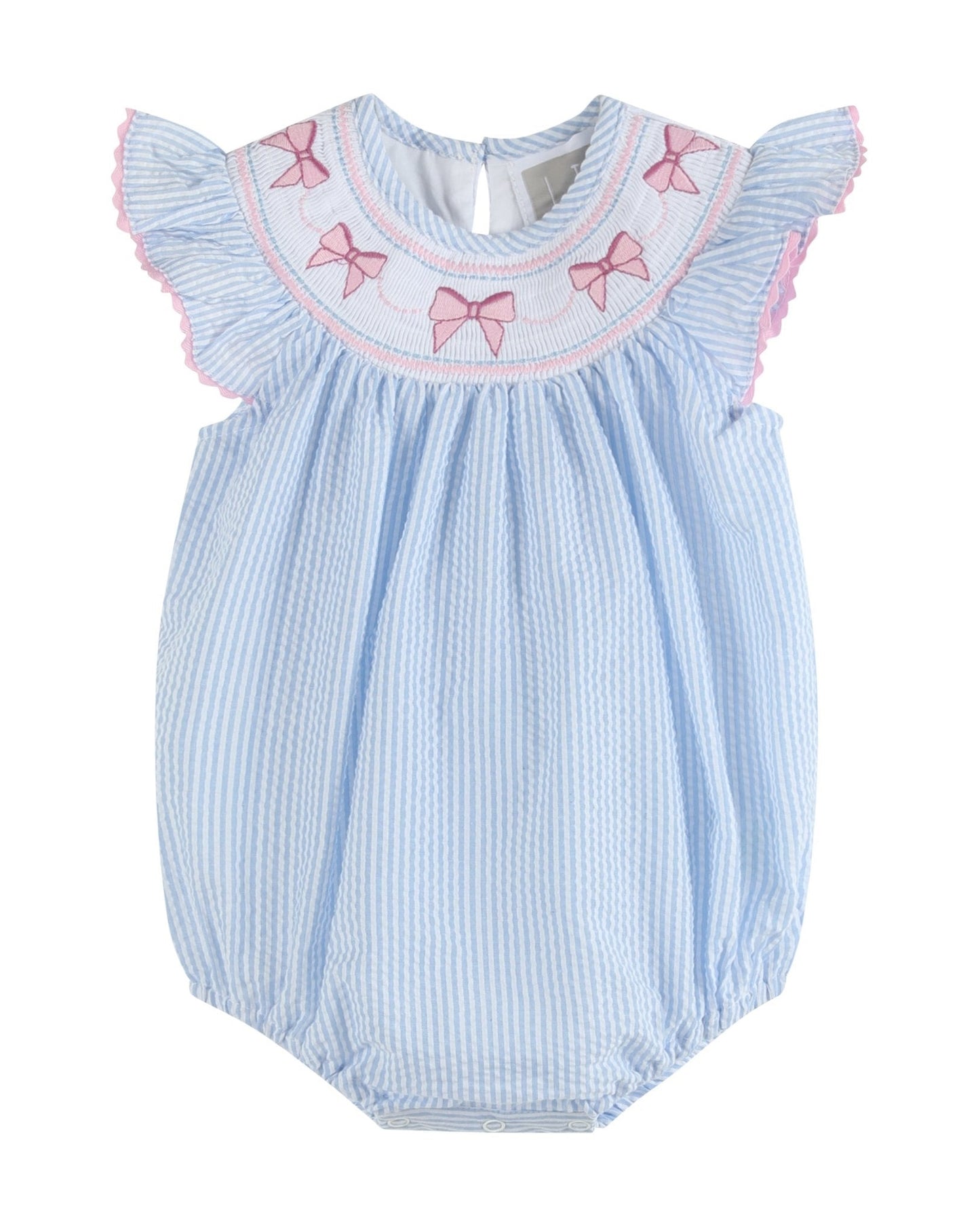 Blue Seersucker Bow Smocked Flutter Romper