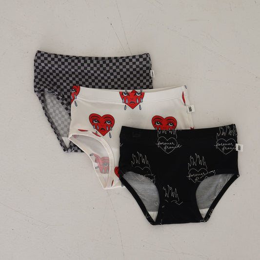 Girl's Bamboo Briefs (3 Pack) | Flaming Hearts, Sad Girl & Street Micro Check