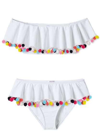White Draped Bikini with Multicolor Pom Poms