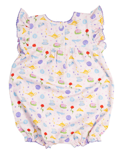 Baby romper with colorful sea-themed print on a white background