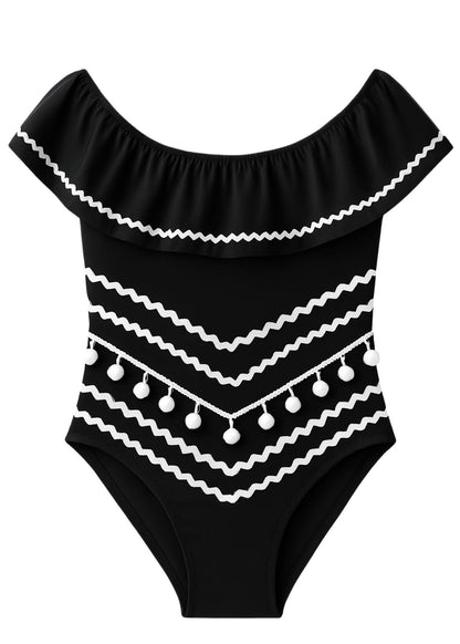 Black  Swimsuit with Ric Rac N Pom Poms