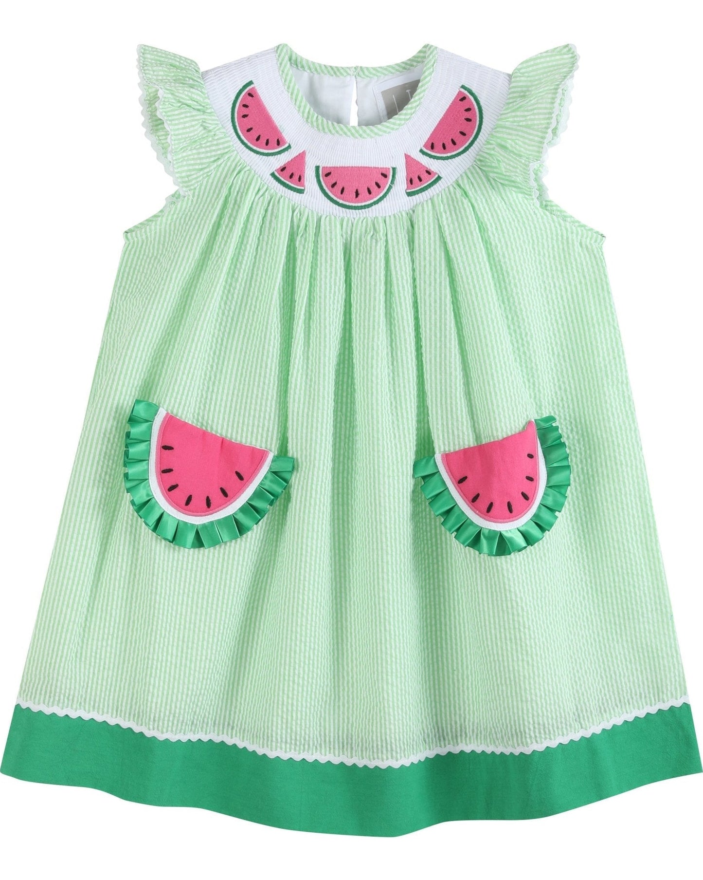 Green Seersucker Watermelon Smocked Bishop Dress