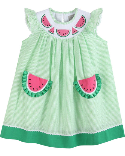 Green Seersucker Watermelon Smocked Bishop Dress