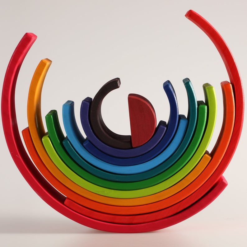 12-Piece Large Wooden Rainbow Stacking Blocks – Primary Colors | Pine or Linden Wood Options