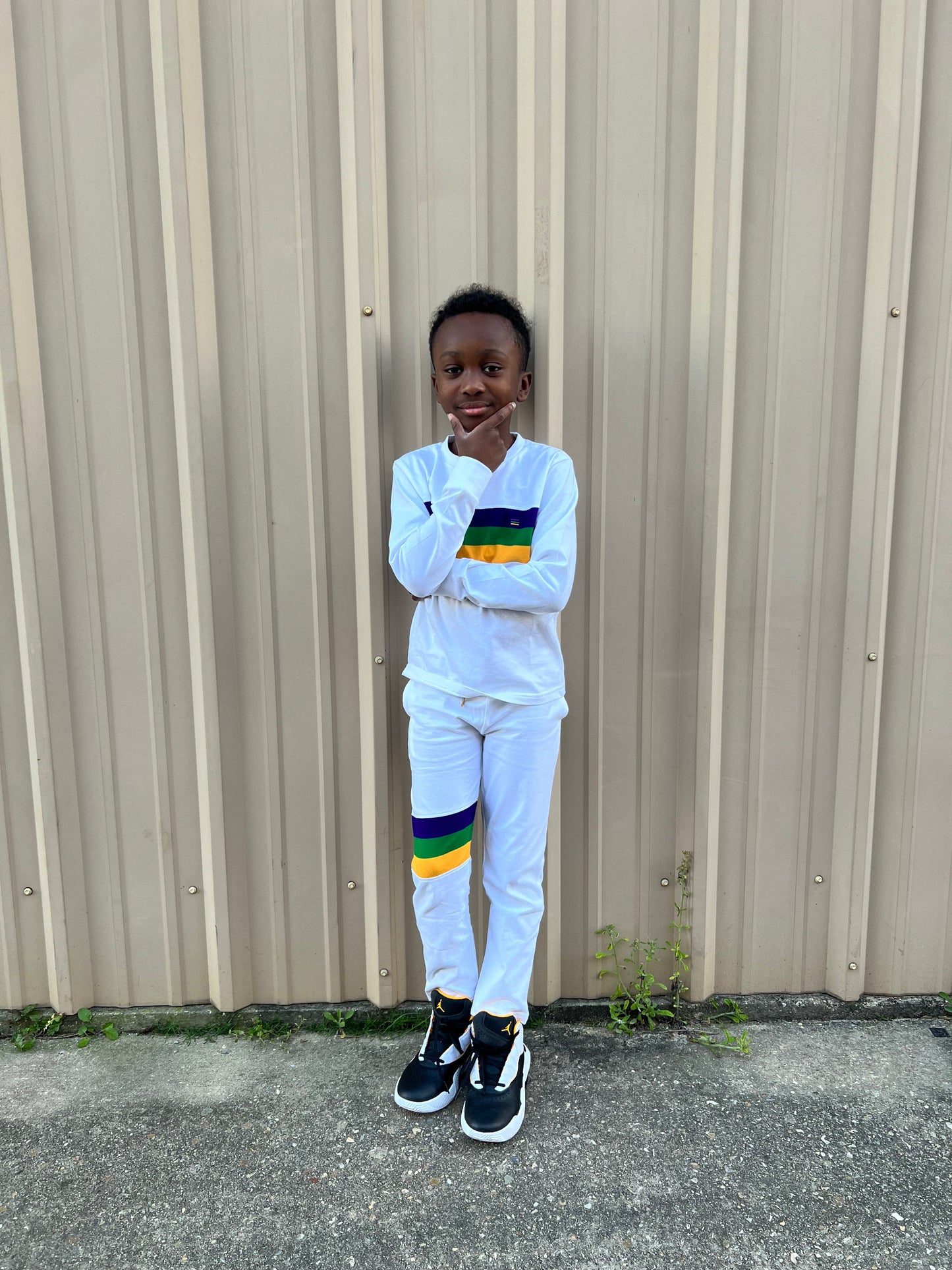 White Chest Stripe Youth Lounge/Sleep Set