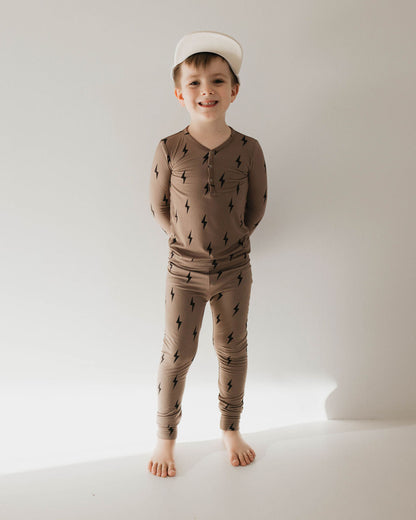 Bamboo Two Piece Pajamas | Brown & Black Lightning Bolt