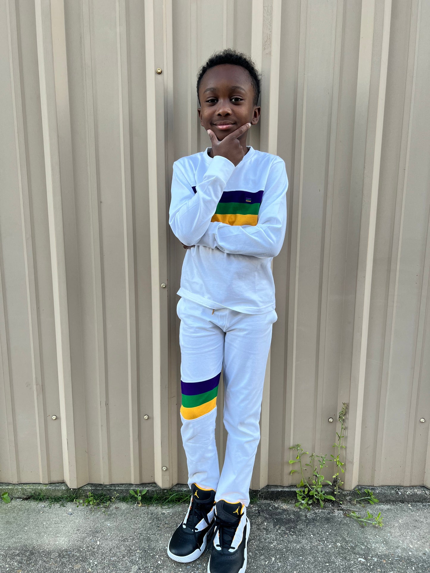 White Chest Stripe Youth Lounge/Sleep Set