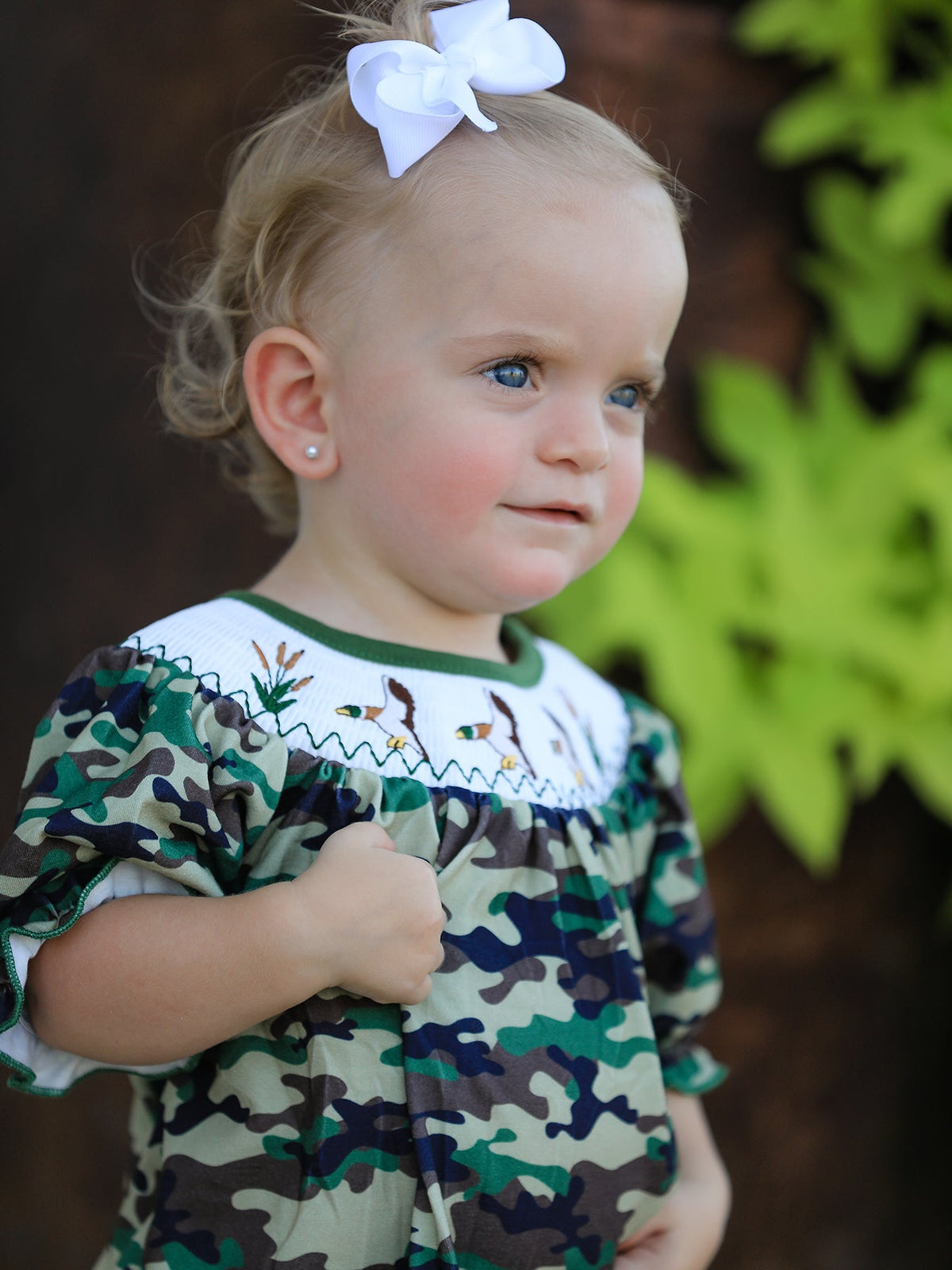 Camouflage Duck Smocking Embroidery Girls Romper