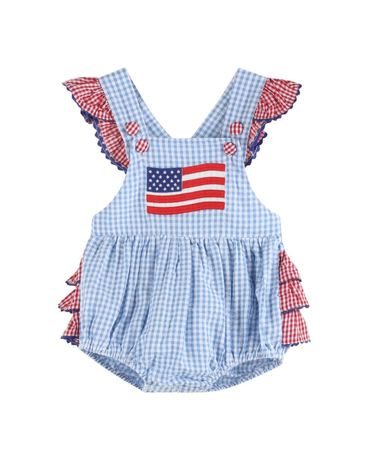 Light Blue and Red Gingham USA Flag Ruffle Romper