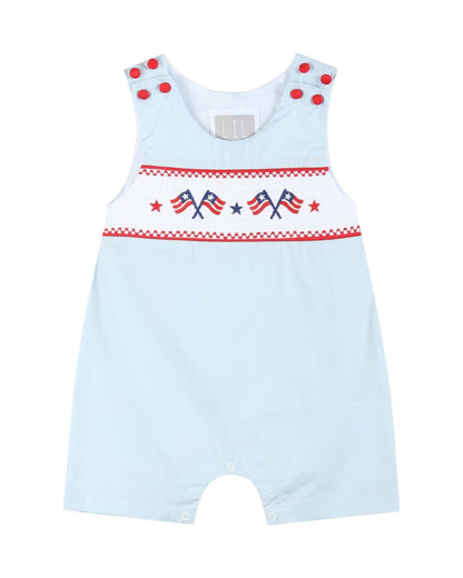 Light Blue USA Flag Smocked Shortalls