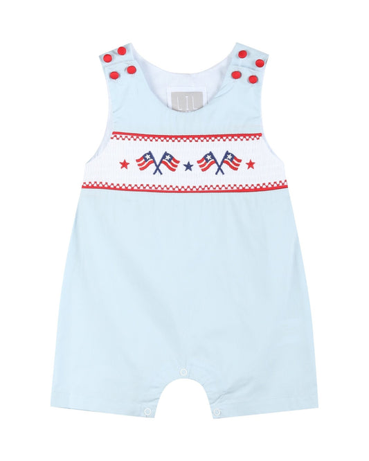 Light Blue USA Flag Smocked Shortalls