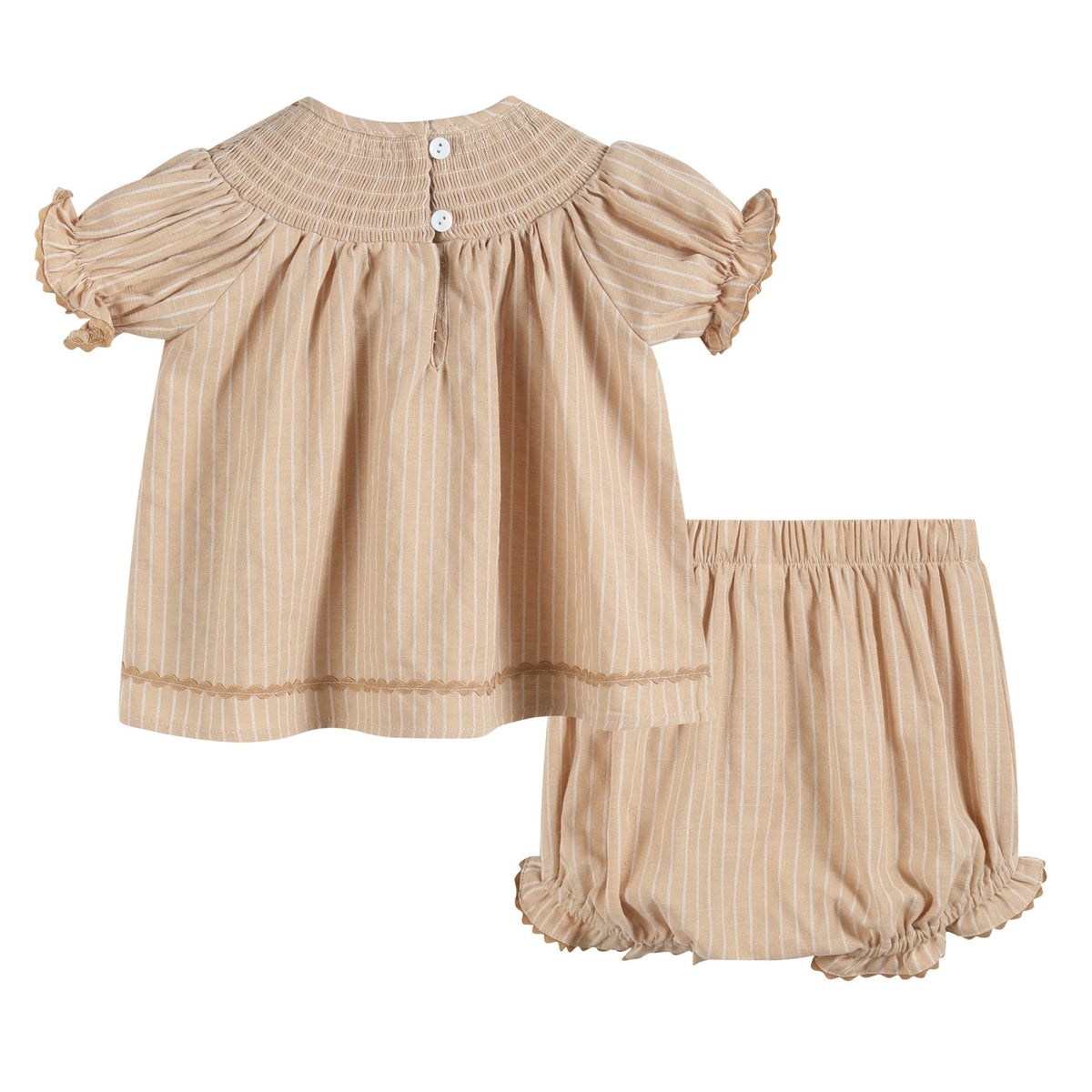 Light Brown Pinstripe Pumpkin Smocked Dress and Bloomer Set