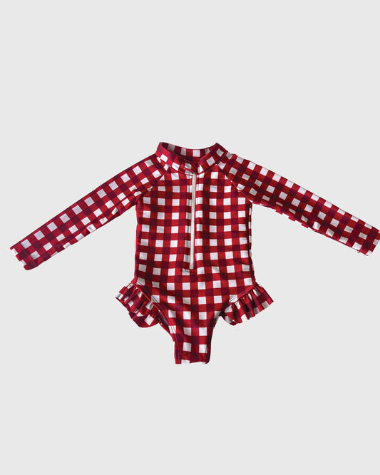 Girl's Long Sleeve Swimsuit | Scarlet Gingham