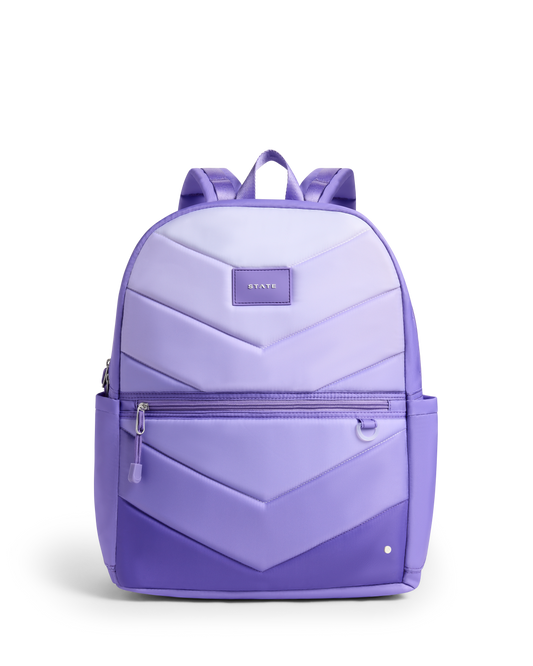 Purple backpack with a chevron pattern on a white background