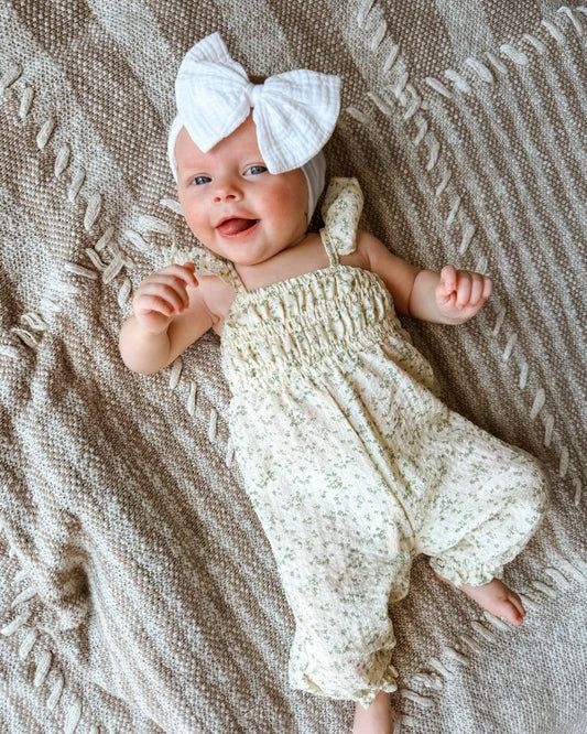 Paisley Smocked Ruffle Jumpsuit - White with Green Leaves