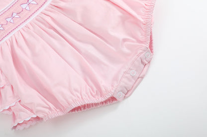 Pink and White bows Smocked Ruffle Romper